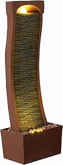 Teamson Home 38.5" Indoor/Outdoor Modern Curved Faux Slate Waterfall Fountain with LED Lights, Red Rock