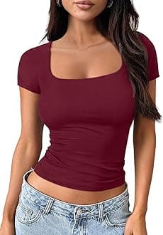 Trendy Queen Double Lined Short Sleeve Tshirts for Women Square Neck Cute Crop Top Spring Summer Basic Tees Workout Going Out