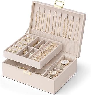 Vlando Jewelry Storage Jewelry Box with Removable Tray, Watch Pillow & Dustproof Compartment for Necklaces, Earrings, Rings, Bracelets (Light Pink, Apricot White)
