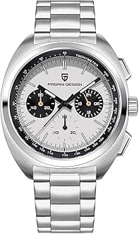 Pagani Design Men's Watch, Casual Analog Chronograph VK63 Movement, Sapphire Mirror, 100M Water Resistant, Stainless Steel, White, Contemporary
