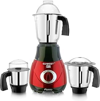 Sunmeet New Excellent Model RIAA 1000-Watts Mixer Grinder with 100% Copper Motor with 3 Heavy Aluminium base Stainless Steel Jars (Dry Jar, Chutney Jar, Liquid Jar) Red-Black.Company 37 Years of Servicing Marketing and Manufacturing Since 1984.