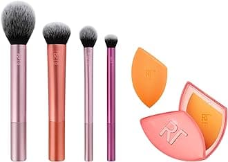 Real Techniques Makeup Brush Kit with Travel Sponge Blender Bundle, Face Makeup Brushes & Sponge, Beauty Sponge Travel Case, For Liquid, Cream, & Powders, Travel-Friendly, 7 Piece Set