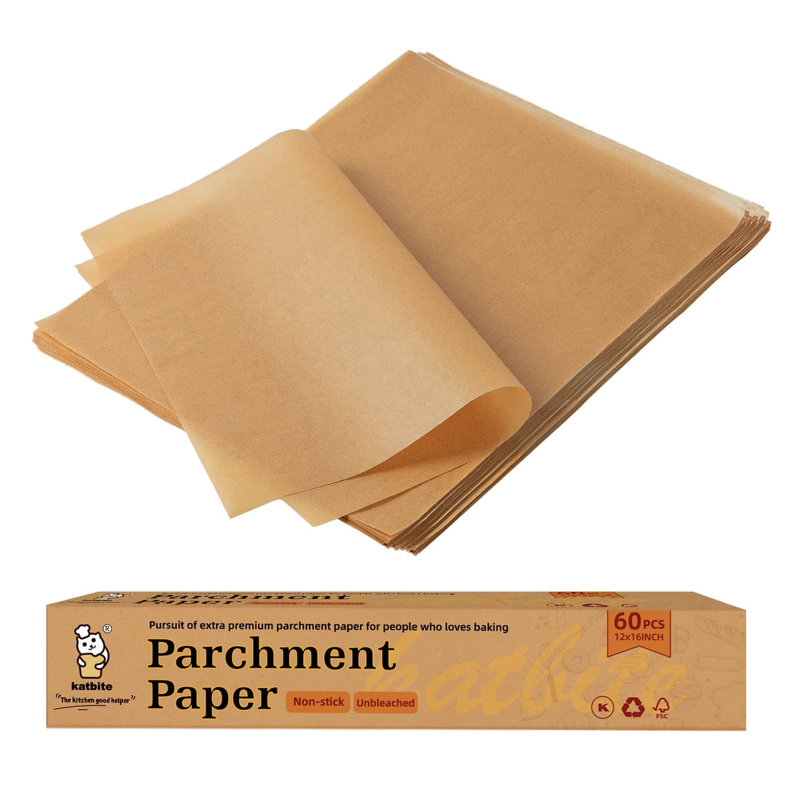 Katbite 12x16 Inch Parchment Paper Sheets, Pre cut Unbleached Baking Paper, Heavy Duty & Non-stick for Half Sheet Baking, Cooking, Grilling Wrapping Foods