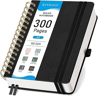 EMSHOI A5 Spiral Notebook College Ruled, Thick 300 Numbered Pages 100GSM Ink-Proof Paper, Faux Leather Hardcover Lay-Flat Lined Journal for Work Office School Writing, 5.7"x8.22", Black