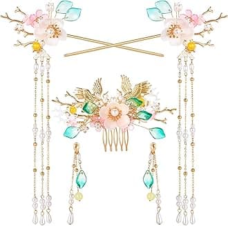 HINZIC 5PCS Goose Hairpin, Crystal Rhinestone Pearl Hair Clips Headpiece Retro Flower Chinese Hanfu Wedding Brides Hair Accessories Jewelry for Women Girls Updo Long Hair