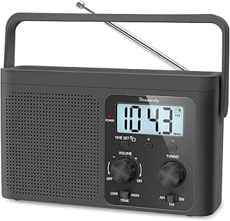 AM FM Radio Portable - Shortwave Radio Battery Powered or Plug in Wall for Home Outdoor, Strong Reception, Large Dial Easy to Use, Digital Time Display, Transistor Antenna, Seniors Small Gift