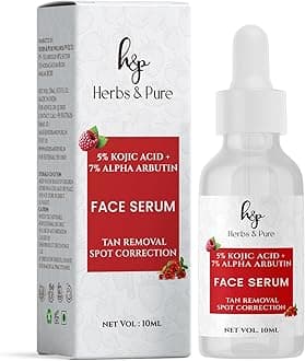 Herbs and Pure 5% Kojic Acid & 7% Alpha Arbutin Face Serum, Tan Removal and Spot Correction, All Skin Types, Women & Men, 100% Vegan, 10ML