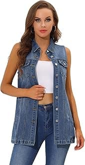 Women's Denim Vest Sleeveless Button Down Waistcoat Casual Long Jean Vests