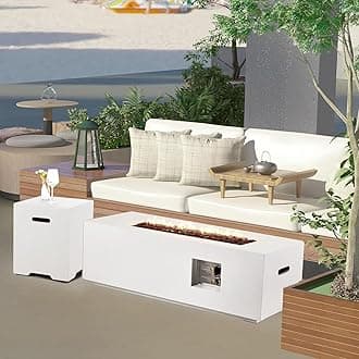 ECOTOUGE 2-Piece Outdoor Propane Fire Pit Table, 50,000 BTU Gas Fireplace with lid and Hideaway Tank Holder, Auto-Ignition 42''Concrete Fire Pit w/Weather-Resistant Pit Cover, Lava Rocks, White