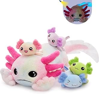 Tezituor Axolotl Stuffed Animal Glow in The Dark for Kids,31.5" Huggable Soft Salamander Plush Pillow Toy with 4 Babies Kawaii Axolotl Plushies for Birthday Gifts,Rainbow
