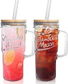 ANOTION Glass Cups with Lids and Straws - 24oz Tumbler with Handle Coffee Cups Glass Straws Glasses Mason Jar Cups Drinking Set Kitchen Essentials Coffee Bar Accessories House Warming Gifts New Home