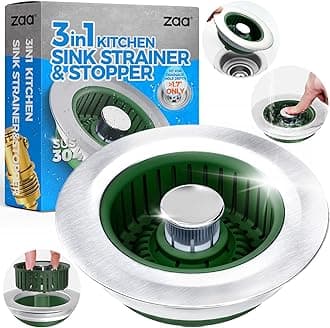 Upgraded 3in1 Kitchen Sink Drain Strainer & Sink Stopper, Stainless Steel Kitchen Drain Plug & Cover with Anti-Clogging Basket Strainer, Fit US Standard 3-1/2'' Sink Drain Hole, OliveGreen
