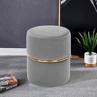 Epicdecor Round Footrest Stool with Linen Fabric Padded Seat Pouffe Ottoman in Velvet for Living Room-Grey