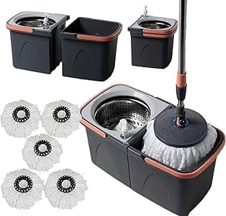 *NEW* SWISSPACK Revolving Spin Mop and Bucket With .5. Extra Pads Perfect For Easy Cleaning. Clean and Dirty Water Separtered For Perfect Finish (ORANGE-GREY) (ORANGE-GREY 1)