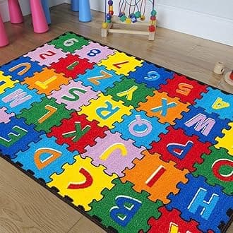 Champion Rugs Large Classroom Rugs Kids Alphabet (A-Z and 1-9) Puzzle Area Rug Non Slip Gel Backing (8 Feet X 10 Feet)