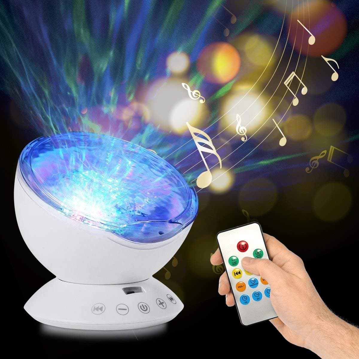 Ocean Wave Projector & Music Player 12 LED Chips 7 Color Modes Night Lights with Remote Controller for Bedroom Living Room Baby Room and Parties