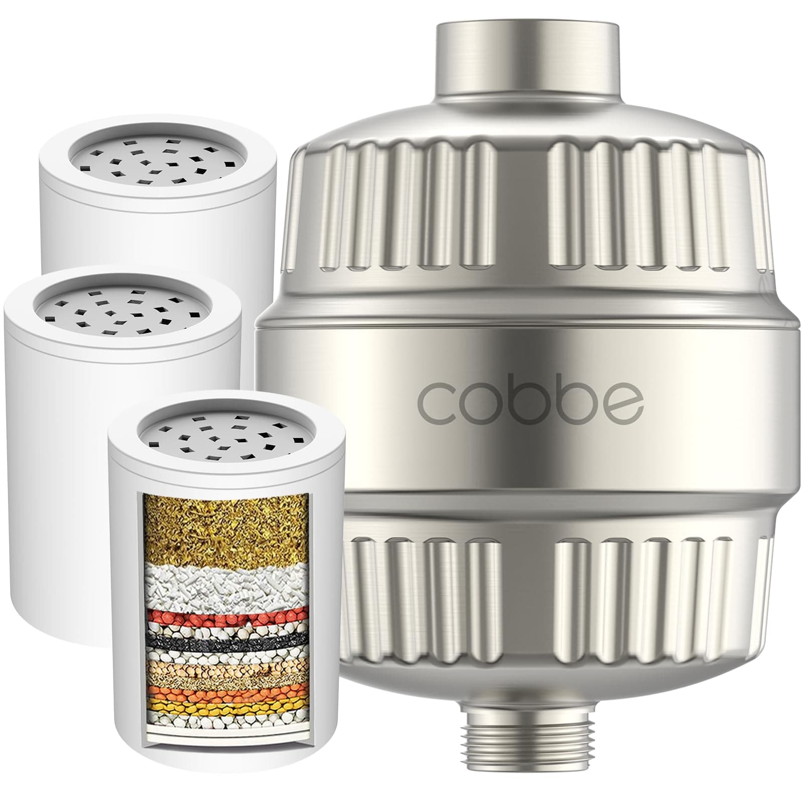 High Output Shower Filter for Hard Water - 2 Replaceable Cartridges - Removing Chlorine and Harmful Substance, Dramatically Improves The Condition of Your Skin, Hair and Nails - Brushed Nickel