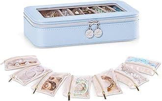 Lolalet 8 in 1 Travel Jewelry Case with Velvet Pouches, Clear Window Travel Jewelry Organizer Bags for Earrings, Bracelets, Necklaces and Rings, Compact Jewelry Storage for Women Girls -Blue, 7PCS