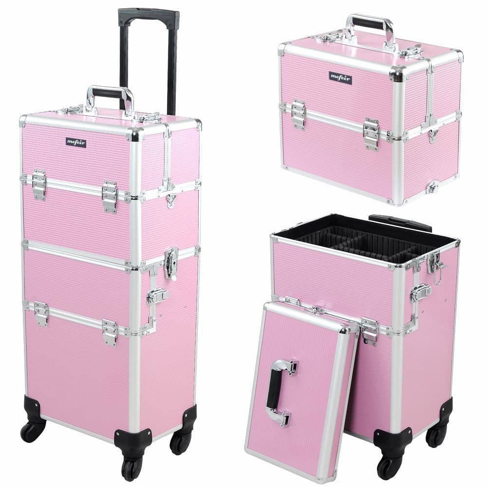 mefeir 2 in 1 Rolling Makeup Train Case, Makeup Travel Organizer Cosmetology Case, Aluminum Cosmetic Display Suitcase on Wheels, Beauty Storage Luggage Lockable w/4 Removable Wheels (Pink)