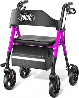 VOCIC Elderly Walker, Folding Walker with Seat, Durable Aluminum Lightweight Roller, 330 lbs Capacity, 8" Big Wheels for All Terrain, Adjustable Height Rolling Walker | Ink Black
