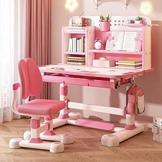 Children Adjustable Desk and Chair Set, Study Table for Kids, kids writing desk, Pink Home School Writing Desk with Drawers and Storage Compartments, Reading/Learning/Writing for Girls (Pink-B)