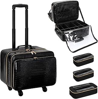 Rolling Makeup Train Case, 18" Carry On Travel Cosmetic Organizer Suitcase,Extra Large Trolley Makeup Storage Case On Wheels,3 Layers with 3pcs Traveling Bags for Hairstylist Cosmetology Artist