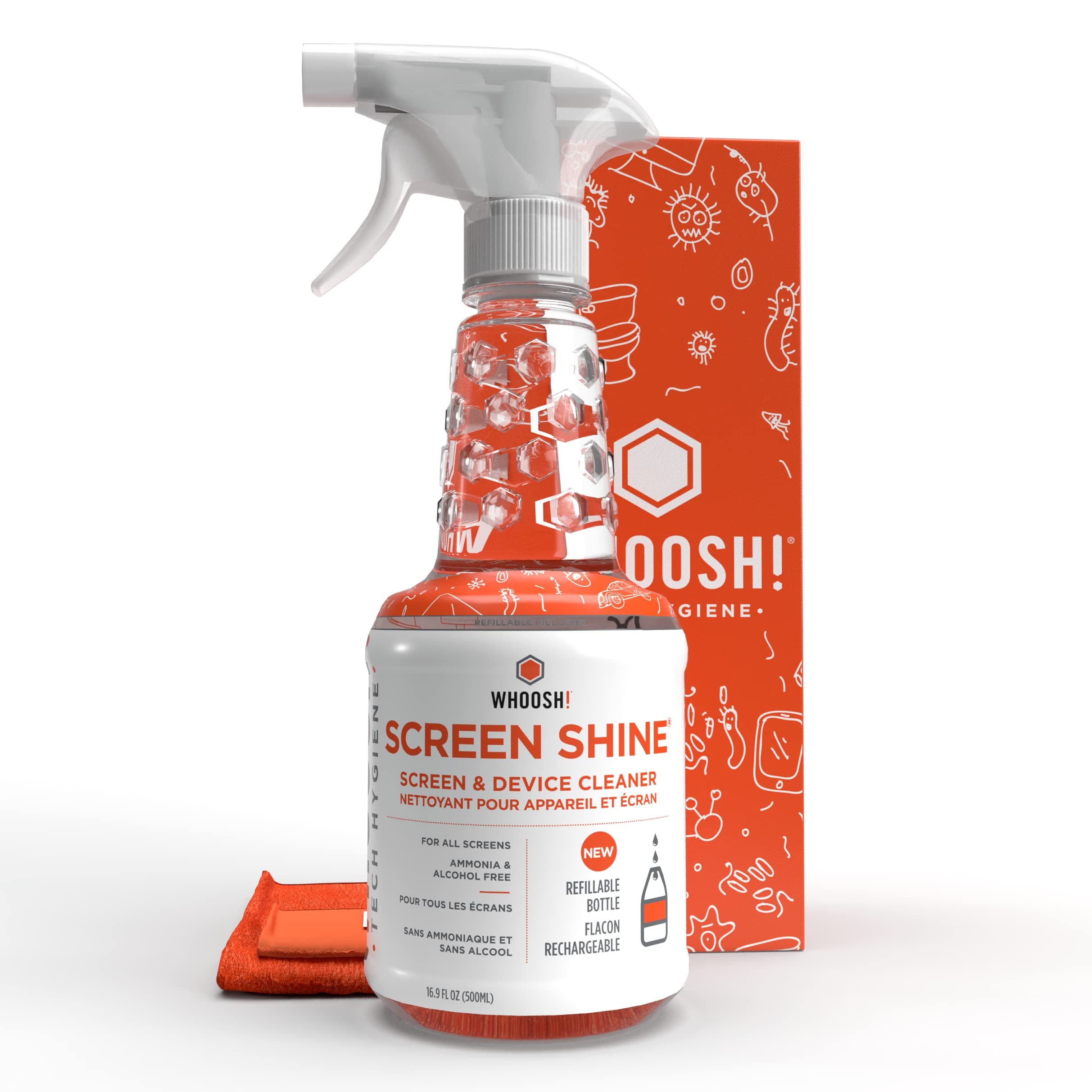 WHOOSH! 2.0 Screen Cleaner Kit - [New REFILLABLE 16.9 Oz ] Best for Smartphones, iPads, Eyeglasses, TV Screen Cleaner, LED, LCD,Computer, Laptop & Touchscreen - Screen Cleaner Spray + 2 Cloths