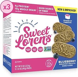 Sweet Loren's Vegan Breakfast Biscuits | Blueberry | 4g Protein, 19g Whole Grains | Plant Based, Gluten Free, Dairy Free, Nut Free Snacks | 3 Pack (15 Total Biscuits, 1.6 ounce each)