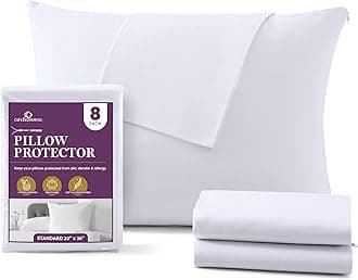 Mastertex Zippered Pillow Protectors Standard 8 Pack | 100% Cotton Breathable Pillow Covers | Protects from Dirt, Dust & Allergens | Hypoallergenic & Quiet (Standard - Set of 8-20x26)