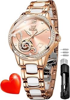 Automatic Watch for Women Luxury Diamond Rose Gold Ladies Self Winding Mechanical Ceramic Wrist Watch Love Heart Date