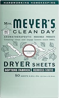 MRS. MEYER'S CLEAN DAY Dryer Sheets, Fabric Softener, Reduces Static, Infused with Essential Oils, Birchwood, 80 Count