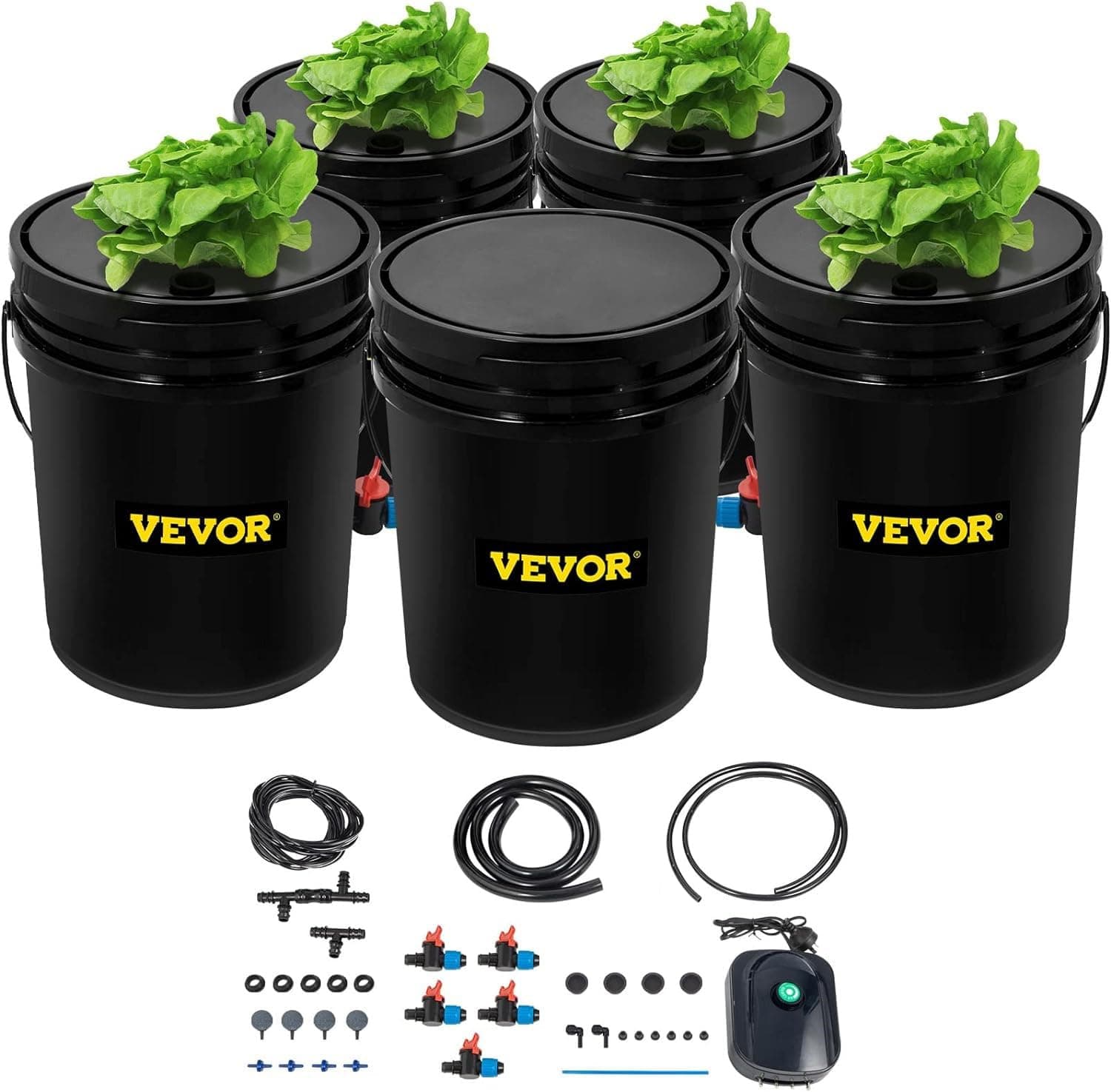 VEVOR DWC Hydroponic System, 5 Gallon 5 Buckets, Deep Water Culture Growing Bucket, Hydroponics Grow Kit with Pump, Air Stone and Connected Reservoir, for Indoor/Outdoor Leafy Vegetables