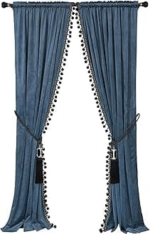 Luxury Pom Poms Curtain for Living Room Blackout Velvet 2 Panels Curtains Set Luxury Tassel Bedroom Curtains(Grey-Blue, （50W×84L）×2)