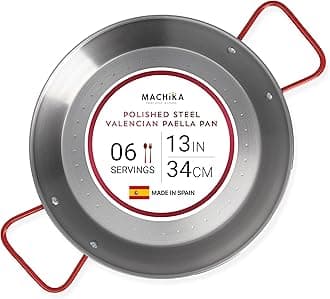 Machika 13" Carbon Steel Paella Pan, 34cm Polished Steel, Large Spanish Skillet, Indoor, Outdoor, Camping, Spanish Paella Parties, Imported, Made in Spain