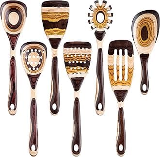 Gudamaye 7-Piece Brown Pakkawood Utensils Set – Sturdy, Eco-Friendly, Wooden Spoons for Cooking, Wooden Utensil for Cooking, Wooden Kitchen Tool, Home & Kitchen Gifts for Men and Women