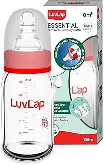 Luv Lap Essential Slim Neck Glass Feeding Bottle, 125ml, 3m+/Babies Upto 3 Years, Made of Borosilicate Glass, BPA Free, Ergonomic Shape is Easy to Hold, with Anti Colic, White & Red, Pack of 1