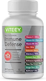 Viteey 11 in 1 Immune Support Supplement - Immune Defense with Vitamin D3, B6, Echinacea, Turmeric, Rose-HIPS, Selenium, BioPerine, Ginger, Elderberry Vitamin C and Zinc - 60 Count