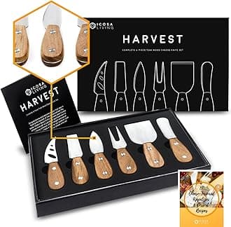 Harvest 6-Piece Cheese Knife Set (Gift-Ready) - Premium Stainless Steel Cheese Knives with Rivets, Full Tang Blades and Teak Wood Handle Charcuterie Board Accessories w/ 15 Festive Recipes