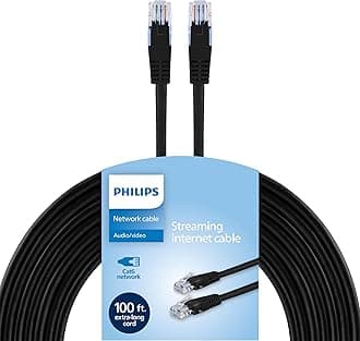 Philips Cat6 Ethernet Cable, Extra Long 100 Ft Cord, 10 Gbps, 250Mhz, RJ45M Connector, for Computer, Game Console, Cable/DSL Modem, Network Switch, Streaming Device, Black, SWR3433B/37