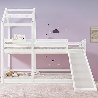 BTM Wooden Bunk Bed with Slide & Ladder, Kids Bunkd Beds Single, 90 x 190 cm Slatted Frames,White