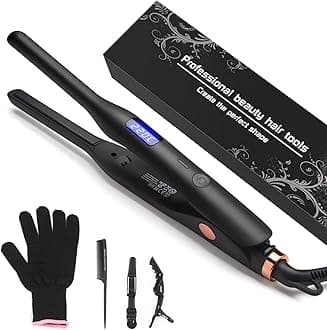 Mini Hair Straightener, Pencil Straightener for Short Hair, Beard and Pixies, Straight or Tight Curler, Adjustable Temperature, Small Flat Iron for Short Hair - Black