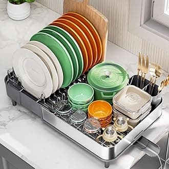 Expandable Dish Drying Rack,Foldable 304 Stainless Steel Dish Rack with Dual Parts, Extendable Dish Drainer Rack for Kitchen Counter, Gray Dish Drying Rack with Cutlery Holder
