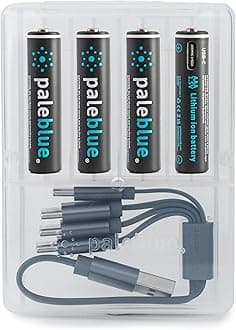 paleblue USB Rechargeable AAA Lithium Batteries, 1 Hour Charge Time, Recharge Over 1000 Times, 600 mAh, 4-in-1 USB-A to USB-C Charging Cable, 4 Pack
