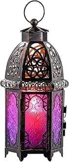 DECORKEY Ramadan Decorations Indoor, Purple Decorative Candle Lantern for Halloween Light Decor, 12.8’’ Moroccan Metal Hanging&Tabletop Lantern, Ramadan Lantern for Home Outdoor Patio(Purple)