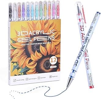 KEMYR 3D Acrylic Gel Pen,12 Colors Gel Pens With 1mm Bullet Tip Point, Acrylic Paint Pens for Black Paper,Rock Painting, Glass, Wood, Fabric,Cards,Scrapbook,DIY Art Crafts