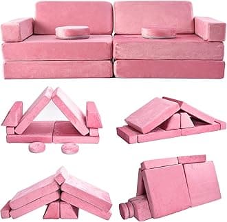 Kids Play Couch,10 Pcs Toddler Couch Sofa,Foam Modularized Kids Couch,Convertible Kids Toddlers Play Couch Sofa Set for Playroom Bedroom (Pink)
