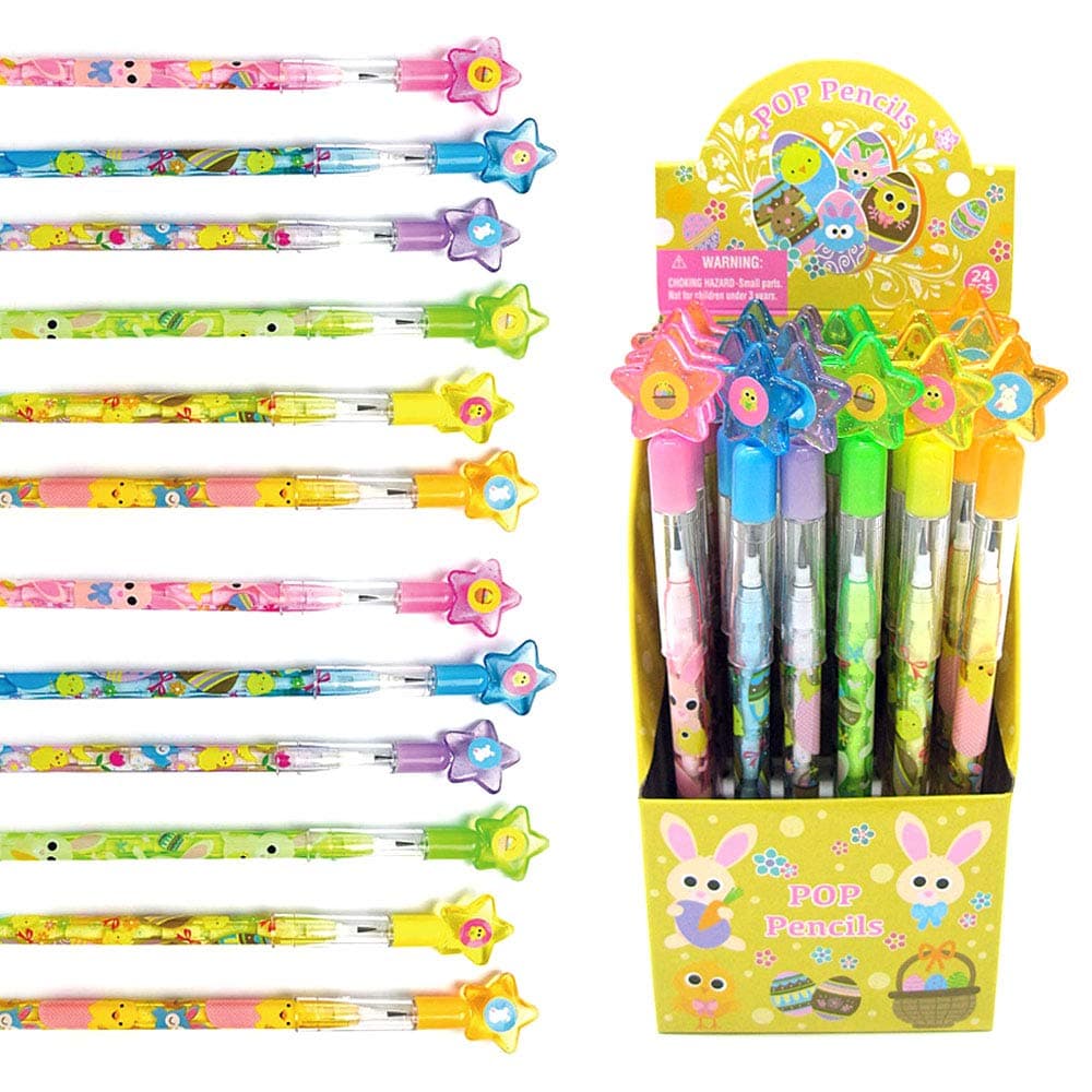 Tiny Mills 24 Pcs Multi Point Stackable Push Pencil Assortment with Eraser for Easter Party Favor Prize Carnival Goodie Bag Stuffers Classroom Rewards Pinata Basket Fillers