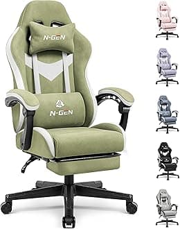 N-GEN GAMING Video Gaming Chair Office Computer Desk Use Ergonomic Reclining Backrest Adjustable Armrests Lumbar Support Footrest High Density Foam Breathable Fabric Heavy Duty Base (Green)