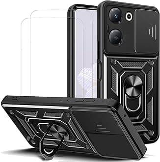 for Tecno Camon 20 Pro 5G Case with Camera Cover and Stand Kickstand Ring with Tempered Glass Screen Protector [2 pieces],Military Grade Shockproof Protective Cover, Black