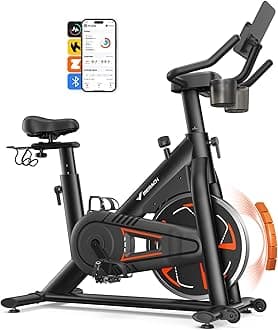 Magnetic Exercise Bike, Low Noise Stationary Bike for Home with Comfortable Seat Cushion, Spinning Bike with 330 lb Weight Capacity, Exclusive App, Tablet Mount and Fitness Courses